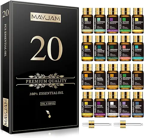MAYJAM Juego de Aceites Esenciales 20 Piezas，100% Aceites Esenciales Naturales Puros, Aceite Esencial de Aromaterapia de Grado Terapéutico, Aceites de Fragancia para Humidificador  