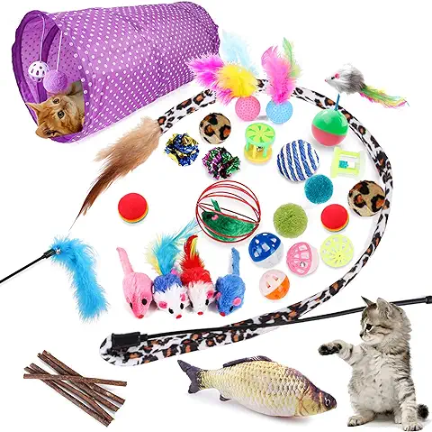 McNory 28PCS Juguetes para Paquete de Variedad para Gatitos, Set di Juguetes para Gatos Interactivo Ratón,Ratóns y Bolas Varias para Gatos Juguetes para Gatos con Plumas Túnel (28 Piezas)  