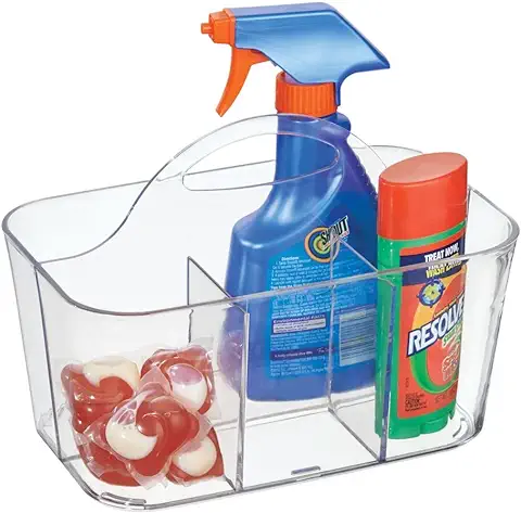 MDesign Organizador Plástico con 4 Compartimentos para su Lavadero - Cesta Organizadora en Color Transparente Provista de asa para un Cómodo Transporte - Organice Todos sus Productos de Limpieza  