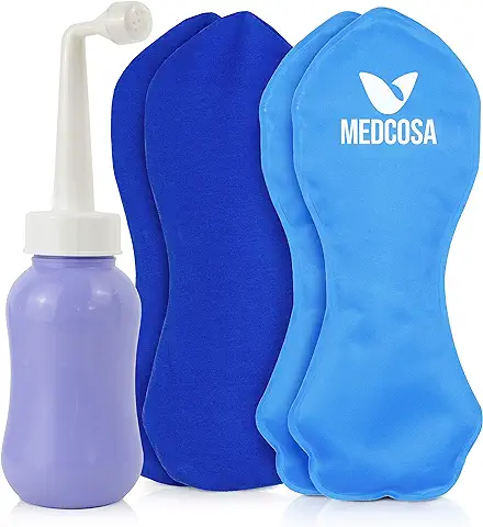 Medcosa - Kit Posparto de Compresas Perineales de gel Frío y 1 bote para Asear la zona | Bolsas de Frío Reutilizables y bote con Cabezal de Spray Recargable para el Dolor del Periné tras el Parto  