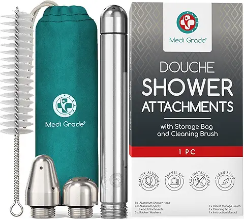 Medi Grade Accesorios de Enema para Cabezal de Ducha – 3 Lujosas Boquillas de Ducha de Aluminio – Kit Limpiador Intimo – Con Bolsa de Transporte de Terciopelo – Set de Lavado Intimo Unisex  