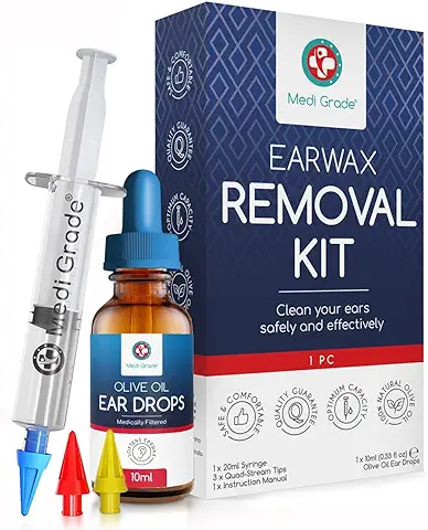 Medi Grade Kit de Jeringuilla para Limpieza de Oídos con Aceite de Oliva y 3x Puntas Suaves para Sacar Cera - Limpiador de Oídos Reutilizable - Limpia Oídos Casero - Mejora la Audición  