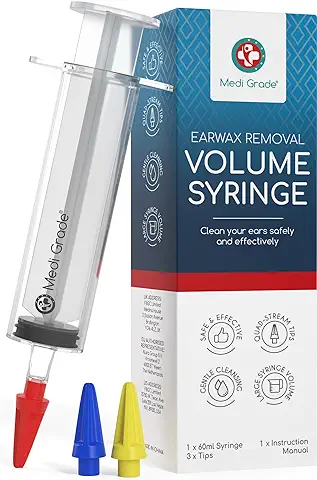 Medi Grade Kit Limpia Oídos – Limpiador de Tapones Oídos Seguro – Set Limpiador de Oídos – Con Jeringuilla Grande de 60 ml y 3x Puntas Suaves para Sacar Cera  
