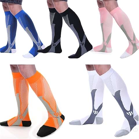 Medias de Compresión 5 Par Calcetines de Compresión para Hombres y Mujeres│Varices│Running│Padel│Viajar en Avión│Recuperación Muscular│Reduce Fatiga│Mejorar Circulación Sanguínea  
