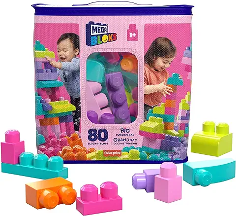 Mega Bloks Juego de Construcciones 80 Piezas con Bolsa Ecológica Rosa, Juguete Bebé +1 año (Mattel DCH62)  