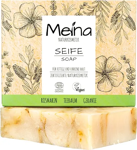Meina Naturkosmetik - Jabón de Aceite de árbol de té, Jabón Natural Orgánico Contra Espinillas y piel Impura sin Aceite de Palma, Certificado, Vegano, Sostenible, Hecho a Mano, como un gel de Ducha  