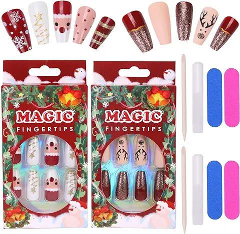 MELLIEX 48 Piezas Uñas Postizas Navidad para Mujer, Acrilicas Tips Uñas Largas con Diseño de Papá Noel Copos Nieve para Decoración Uñas Navidad  