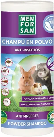MENFORSAN Champú Repelente en Polvo para Roedores, Conejos y Hurones 250gr, Limpieza y Protección en Seco, Producto Vegano, Blanco  