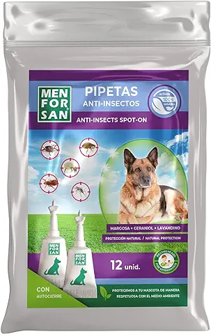 MENFORSAN Pack con 12 Pipetas Anti-Insectos para Perros, con Margosa, Geraniol y Lavandino, con Bolsa Autocierre  