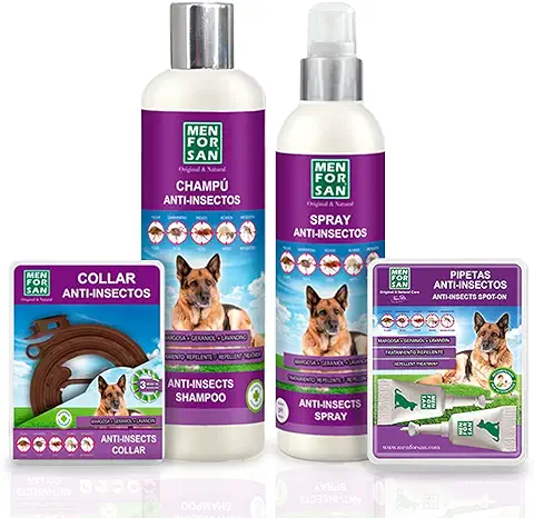MENFORSAN, Pack de 4 Productos Antiparasitarios para Perros, Contiene Cuatro Productos Repelentes, Collar, Champú, Spray y Dos Unidades de Pipetas Anti Insectos, Combate Cualquier Insecto  