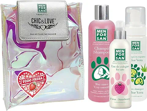 MENFORSAN Pack Higiene y Belleza para Gatos Menforsan, Champú Muy Suave Gatos 300ml, Colonia Fresa para Gatos 125ml, Champú en Espuma para Perros y Gatos 200ml, Rico Aroma a Fresa  