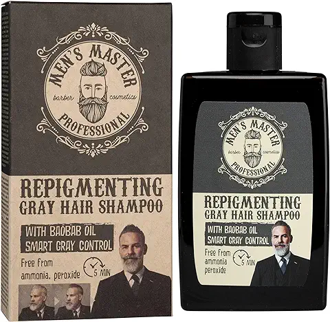 Men's Master Champú Repigmentante para Hombres con Canas | Con Aceite de Baobab y Coloración en 5 min | Aporta un Tono Gris Claro Natural | Sin Amoníaco, Sin Oxidante y Sin Peróxido | 120 ml  