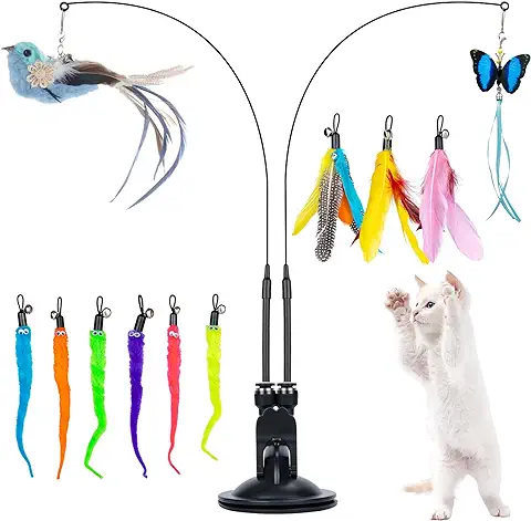 MEYDLL 14 Piezas Juguetes para Gatos, Juguete Pluma de Gato Interactivo, Juguetes para Gatos con 2 Varillas RetráCtiles Interactivas para Gatos, Ventosas Fuertes con 2 Agujero, Pájaro, Mariposa  