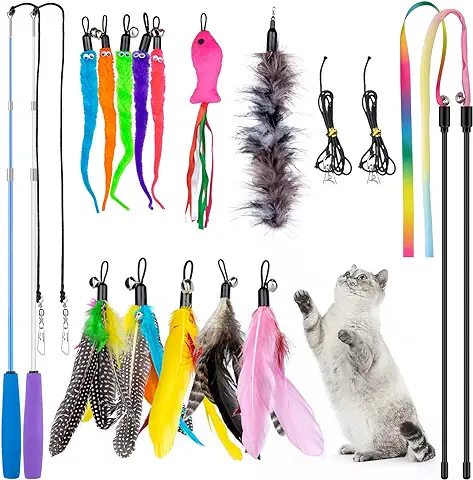 MEYDLL 18 Piezas Juguetes para Gatos, Juguetes Interactivos para Gatos con Plumas, Varita Retráctil para Gatos con Teaser de Repuesto, Varita Interactiva para Gatos Arcoíris  