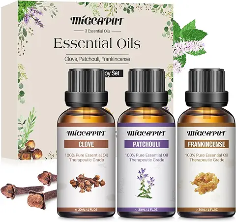 MIGCAPUT Aceites Esenciales para Humidificador 3 x 30ML, Set de Aceite Esencial de Aromaterapia, 100% Puro Natural Aceite Aromático para Difusor, SPA, Masaje - Clavo de Olor, Pachulí, Olibanum  