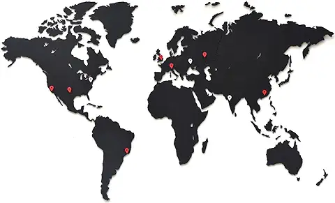MiMi Innovations Lujoso mapa del Mundo de Madera - Decoración de Pared / Mapamundi muro de arte para el Hogar, la Oficina, el Dormitorio y el Pasillo - 90X54 cm - Negro  