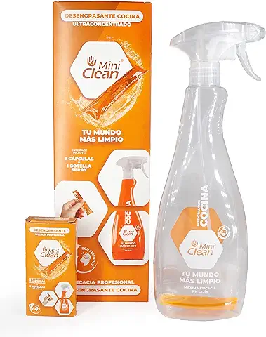 MiniClean | Limpiador Desengrasante Ultraconcentrado | Desengrasante de Cocina en Cápsulas Hidrosolubles | Pack Inicio DESENGRASANTE COCINA (botella + 3 Capsulas)  