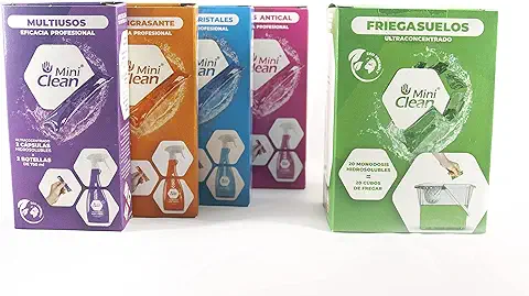 MiniClean | Pack Ahorro Productos de Limpieza | Cápsulas Hidrosolubles | Limpiador Multiusos, Limpiabaños Antical, Limpiacristales, Desengrasante de Cocina y Friegasuelos  