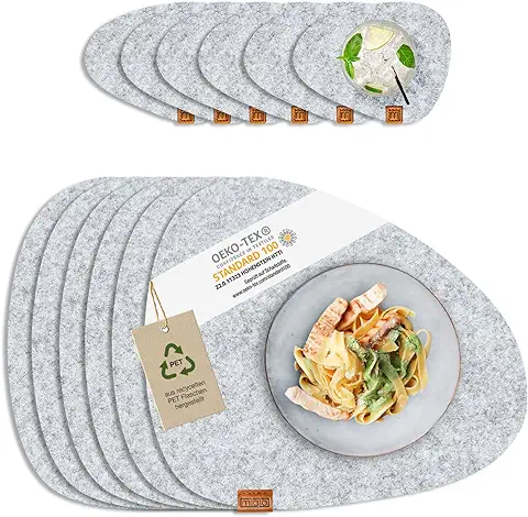 MIQIO® Manteles Individuales de Fieltro Stone, Sostenibles de Primera Calidad, de Botellas de PET 100 % Recicladas, Posavasos de Fieltro Lavable y Posavasos de Cristal Redondo  