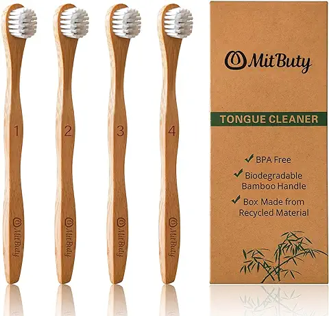 MitButy Limpiador de Lengua, Paquete de 4 CepillosRaspador de Bambú para Adultos - Elimina el Mal Aliento| Más Cómodo que el Limpiador Lingual de AceroInoxidable  