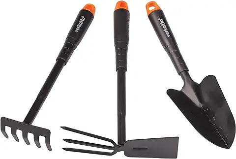 Mivos Juego de Herramientas de Acero de Jardín - 3 Piezas – Palita Pequeña - Rastrillo de Mano con 5 Dientes - Azada Doble – Herramientas de Mano para Plantas y Jardinería  