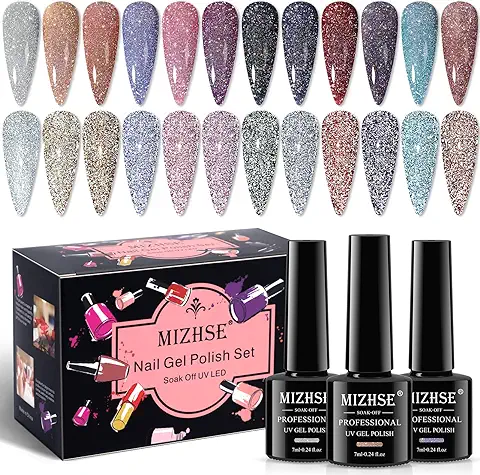 MIZHSE Esmalte de Uñas Gel 12 Color Set Colorido Gel Reflectante Esmalte de Uñas Brillo Esmalte de Uñas Holográfico Brillante Disco Gel Esmalte de Uñas Soak Off Gel UV Manicura  