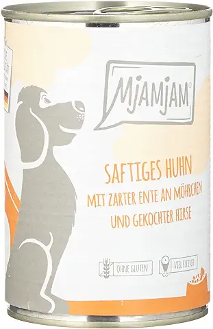 MjAMjAM - Comida Húmeda Premium para Perros - Pollo Jugoso con pato Tierno Sobre Zanahorias y mijo Hervido, pack de 6 (6 x 400 g), sin Cereales con Extra de Carne  