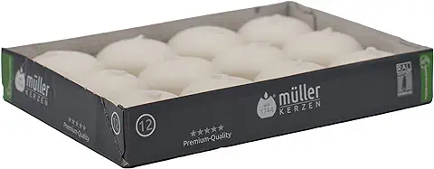 Müller Velas Flotantes, Juego de 12 Velas Decorativas, 30 mm x 45 mm, Color Cera Marfil, Duración 4 Horas, Sin Fragancia, Cera Antigoteo, Calidad RAL  