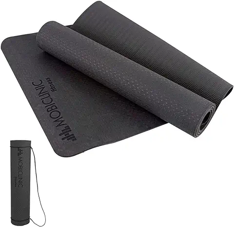 Mobiclinic, Esterilla de Yoga, Incluye Correa de Transporte, 6mm Grosor, Marca Española, Antideslizante, Impermeable, Ecológica, Fitness, Deporte, 181x61x0.6 cm, Lavable, Flexible, TPE, Negro  