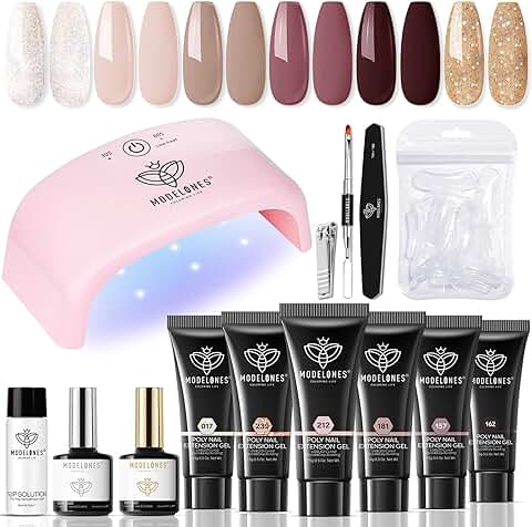 Modelones Polygel para Uñas, Kit Uñas Polygel Completo con Lampara 20W, 6 Colore Kit Gel de Extensión de Uñas con UV Led Uñas Postizas Cepillo Decoración Base Top Coat Uñas Poligel Kit Manicura  