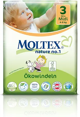 Moltex Nature No1 Peanuts - Pañales Ecológicos para Bebé (136 Unidades, Talla 3, 4-9 kg, 4 Paquetes de 34 Unidades)  