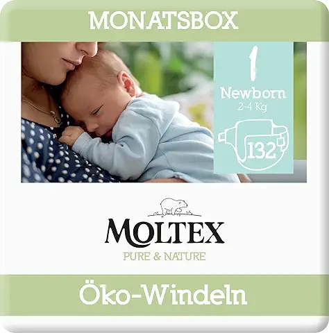 Moltex Pure & Nature - Pañales Ecológicos, Tamaño 1 Recién Nacido (2-5 kg), 132 Pañales Orgánicos  