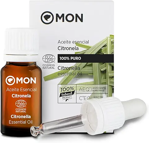 MON - Aceite Esencial de Citronela BIO - Producto Natural - Fuerte Repelente de Insectos - Propiedades Antiinflamatorias y Antisépticas - Aroma Fresco y Fuerte a Limón - Incluye un Cuentagotas - 12 ml  