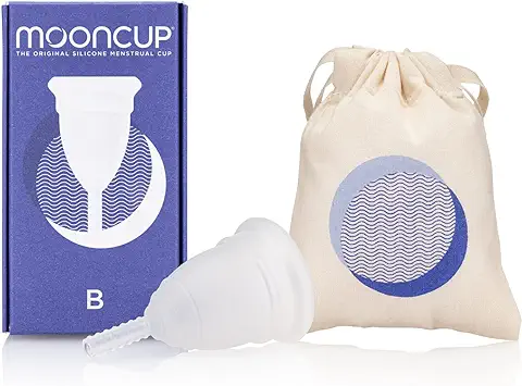 Mooncup® La Copa Menstrual de Silicona Original - Tamaño B, Copa Menstrual de Silicona Blanda Reutilizable para Mujeres Menores de 30 Años/No Partidas por Vagina. Sostenible, Eco Amigable e Hipoalergénico. Bolsa de Algodón Orgánico Incluida.  