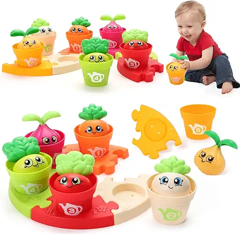 MOONTOY Juguetes Montessori 1 Años Juego de Macetero y Rompecabezas de 18 Piezas, Contar, Clasificar por Colores y Apilar Juguetes Juguetes Regalos para Niño y Niña 6 9 12 Meses 1 2 3 Años  