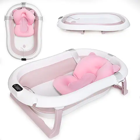 Moovkee. Bañera Plegable para Bebé, con Termómetro y Cojín de Baño, Bañera Plegable para Bebé, 80 cm, Bañera para Bebés, Recién Nacidos, Juego de Bañera para Recién Nacidos, Baño para Bebé  