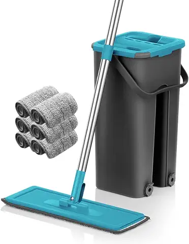Mopa Cubo Escurridor Fregona Plana Drenaje Doble Compartimento Escurre Fácil para Limpieza Suelos Azulejos Tarima Madera Mango Ergonómico Atrapa Polvo Ventanas Mop Bucket Set Trapeador 6 Almohadillas  