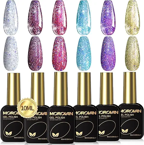 Morovan Kit Pintauñas Gel Glitter - 6 Colores Shellac Esmalte Semipermanente 10ml Pintauñas Gel para Lampara UV LED Reflectante Pintauñas de Gel Principiantes Manicura Decoración para Uñas Inicio  