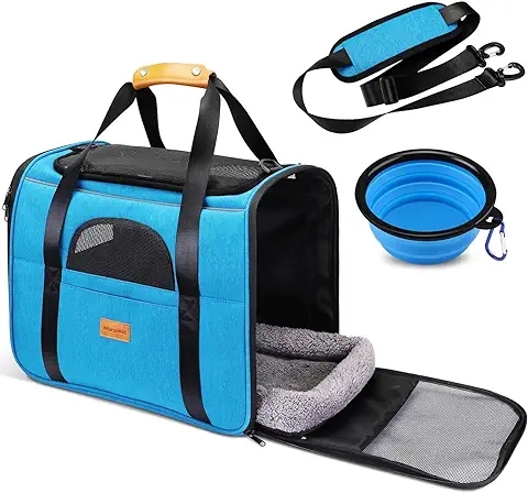Morpilot Transportín Gato Perro, Bolsa Transporte Portátil y Transpirable para Mascotas, Bolsa Transportin para Gatos Plegable Aerolínea Aprobada con Correa de Hombro Ajustable +Tazón Plegable Azul  