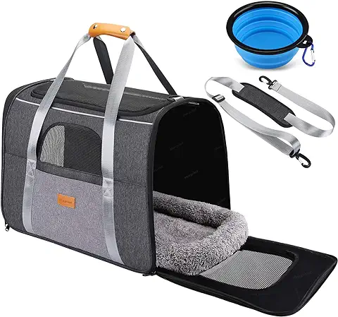 Morpilot Transportín Gato Transportín Perro, Bolsa Transporte Plegable para Gato y Perro Pequeño Mediano, Transportin para Perro Pequeño con Correa de Hombro Ajustable y Cojin Suave + Tazón Plegable  