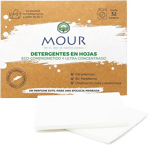 MOUR® Detergente en Tiras Eco-comprometido – 32 Lavados – Embalaje Minimalista Cero Residuos– Formato Predosificado, Uso y Ordenación Prácticos – Para Lavar a Baja y Alta Temperatura – Frescor Intenso  