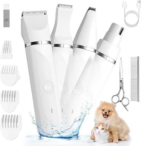 Máquina de Cortar Pelo Perros 4 en 1 Maquinilla Electrico Professional para el Cuidado del Perros Silencioso Maquina de Cortar Pelo para Perros, Gatos,Mascotas, Impermeable IPX7, Diseño Todo en Uno  