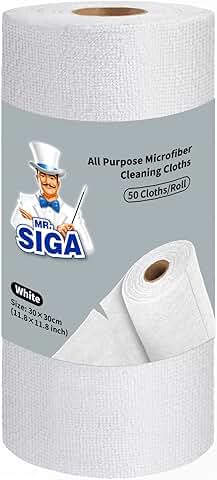 MR.SIGA Paños de Microfibra en Rollo, Toallitas de Limpieza sin Pelusas, Paquete Económico, Toallas de Cocina Reutilizables, 50 Paños de Limpieza por Rollo, Color Blanco  