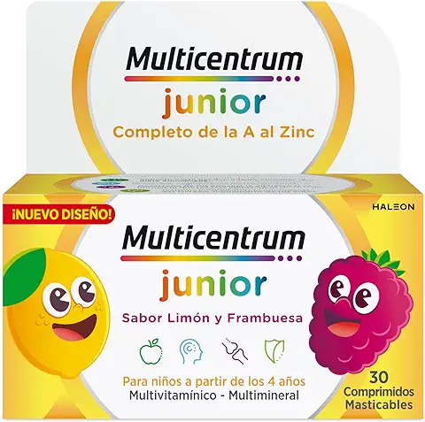 Multicentrum Junior Complemento Alimenticio Multivitamínico y Multimineral Para Niños a Partir de 4 Años, Sin Gluten, 30 Comprimidos Masticables  