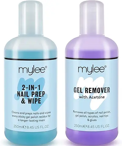 Mylee Toallita Prep & Wipe de Gel Limpiador de Uñas + Acetona Limpiadora y Removedora de Manicura UV LED de 2X250ml  