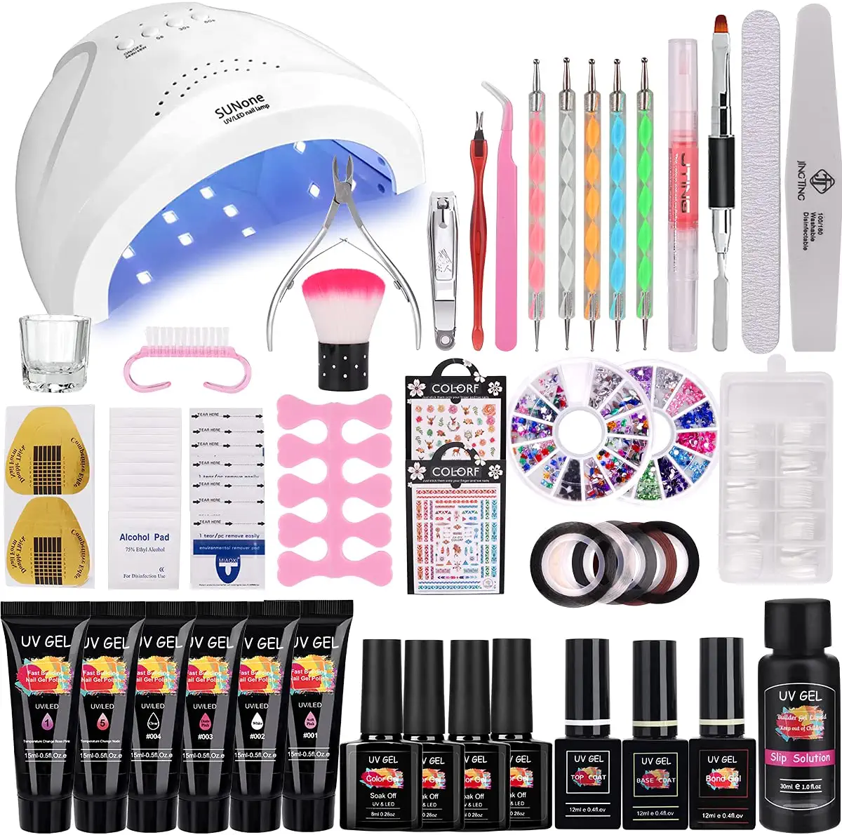 48W Lámpara Kit Uñas de Gel Completo, MYSWEETY Kit de Inicio de Manicura con 6 Extensión 4 Color Gels, Capa Superior, Capa Base y Accesorios para Uñas Semipermanente  