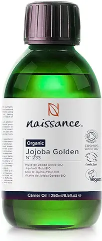 Naissance Aceite De Jojoba Orgánico Puro (No. 233) 250ml – Sin Refinar Prensado En Frio - Tratamiento 100% Natural Hidratante Para Cara, Pelo, Uñas, Barba, Cuerpo, Cutículas - Vegano Sin Hexano  