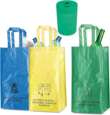 Natuiahan Pack de 3 Bolsas de Reciclaje Duraderas. Robustas, Prácticas y Fáciles de Limpiar y Transportar. Incluye un Pequeño Contenedor de Reciclaje de Pilas  