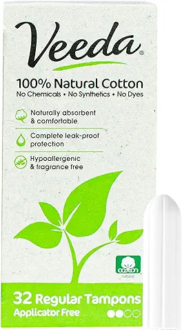 Naturalena Brands Veeda Tampones Regulares 100% Algodón Natural, sin Aplicadores, Súper Absorbentes, Cómodos, Tampones Regulares Digitales, sin Toxinas de Cloro y Pesticidas, 32 Unidades, sin Color  