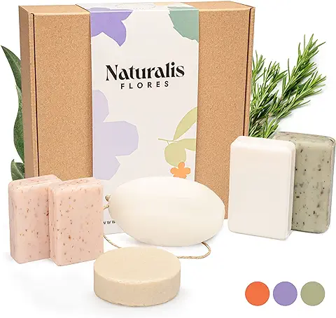 NATURALIS FLORES® Caja de 6 Jabones Orgánicos+Shampoo Sólido – Jabones Artesanales y Naturales de Cuerpo, Cara y Manos – Hechos en Francia en el Corazón de la Provenza – Empaquetado 100% Reciclable  